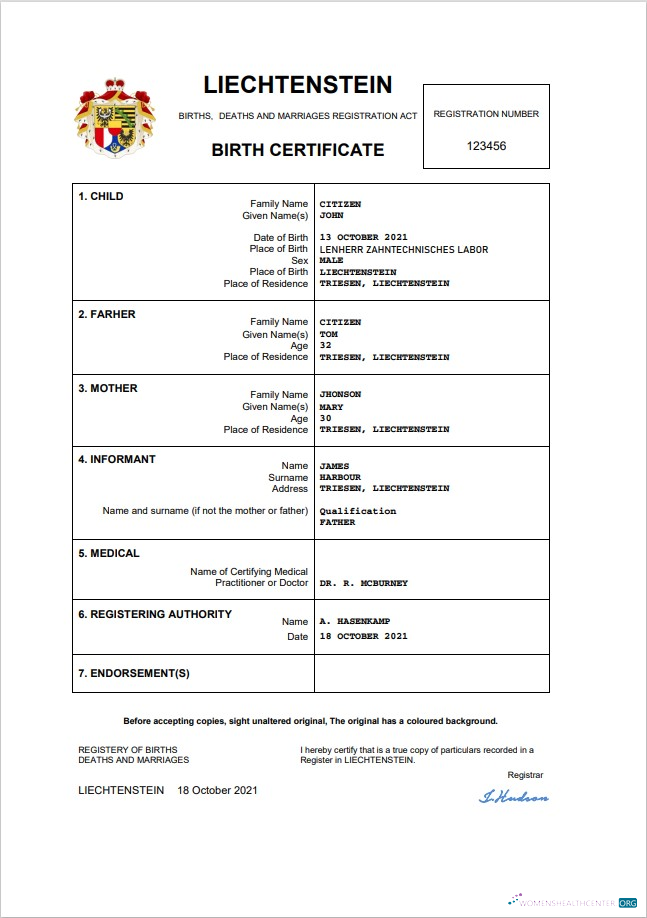 Download Liechtenstein vital record birth certificate Word and PDF template Photoshop template